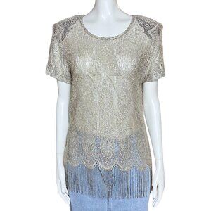 Vintage 80s 90s Beige Sheer Lace Retro Festival Top Small Boho Fringe Flapper